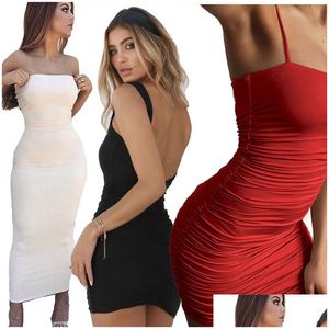 Basic Casual Dresses Shoder Strap Dress Ruched Hip Wrap Bare Back Strappy Bodycon Mini Skirts Black Summer Women Clothes Drop Deli Dhl72