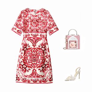 Red Flower Dress Designer Fashion Flower Print Dress Spring/Summer 2023 Short Sleeve Loose Round Neck Dress Monochrome S-XL Monochrome Casual Dress