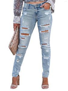 Women's Jeans High Stretch Ripped Legs Skinny Frayed Distressed Light Blue Denim Pants Women's & Clothing