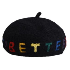 Female Autumn Winter Faux Wool Beret Cap British Style Rainbow Colorful Better Letters Embroidery Painter Artist Beanies M7DD32216237H