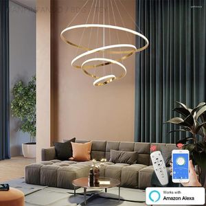 Ljuskronor Alexa Kontrollera modern LED för matsal Goldchrome Plating 3-4Rings Bedroom Living Indoor Luster