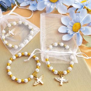 Angel Wing Cross Bracelet Favor with Organza Bags Acrylic Baptism Favor for Boy and Girl Communion Birthday Wedding