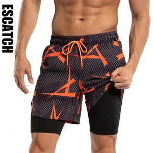 Mäns badkläder herrshorts Escatch Men's 2 i 1 träningslöpning shorts snabb torr simning strandkläder lätt träning sport med blixtlåsfickor 230616