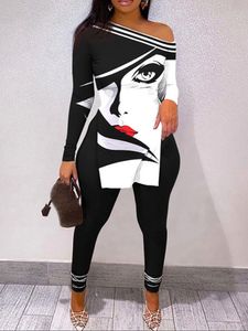 Kvinnors tvåbitar byxor Skew Collar Pullover Top Slim Fit Pants Suit Elegant Women Printed Long Sleeve Pant Suit Female Streetwear Vintage Two Piece Set 230615