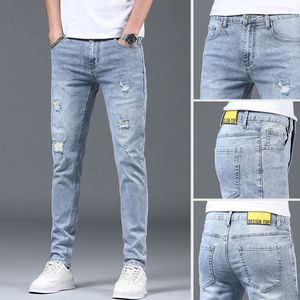 Mens Jeans Spring Summer Stylish Korean ripped hole Stretch Slim Work Denim Pants with Distressed Design Blue Casual Luxury Men 230615