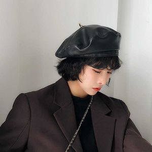 Berets Women Pu Leather Beret French Artist Spring Beanie Hat Cap Vintage Plain Beret Hats Solid Color Elegant Lady Leather Caps Z0616