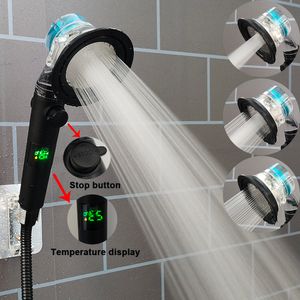 Other Faucets Showers Accs Temperature Display Turbo Propeller Shower Head High Pressure Water Saving With Stop Button Handheld Bathroom 230616