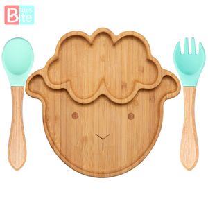 Cups Dishes Utensils 3 wooden dining plates silicone suction cups non slip fork spoons baby feeding plates without BPA 230615