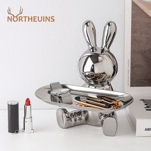 Objetos decorativos Estatuetas NORTHEUINS Resina Galvanizada Astronauta Coelho Bandeja para Interior Home Office Desktop Storage Container Decoração 230615