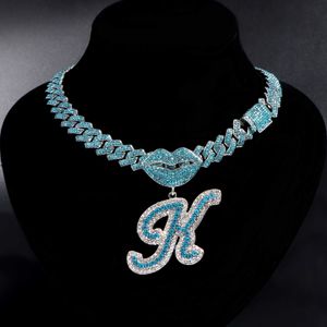 Colares com Pingente Hip Hop Azul Strass Letras Iniciais Boca Colar para Mulheres Brilhante Iced Out Corrente de Elos Cubanos Jóias Presente 230613