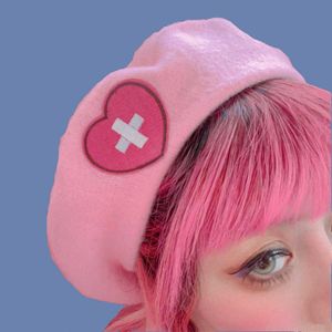 Berets y2k różowa dziewczyna beret japońska urocza harajuku gorąca dziewczyna słodka serce miłość krzyżowa haft kawaii hat hat lolita akcesoria Z0616