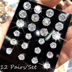 Stud Earrings 2023 12Pairs/Set Fashion Jewelry Crystal Zircon Set For Woman Accessories Gift Push-Back