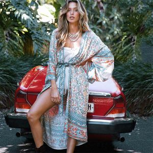 Женские купальные костюмы 2023 Прикрытия Bohemian Printed Long Kimono Cardigan Cotton Tounic Женщины плюс пляжный костюм для купальных костюмов Q995