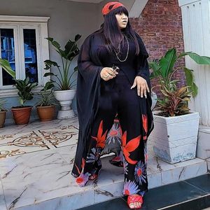 Ethnic Clothing African Women Printed Bat Sleeves Maxi Dress Pants Two Piece Sets Fashion Female Loose Chiffon Dashiki Party Gowns Suits