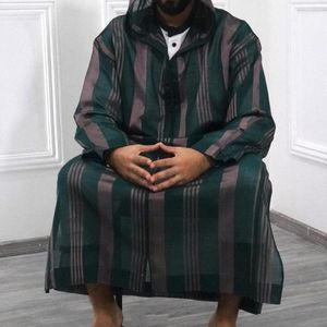 Roupas Étnicas Homens Muçulmanos Robes Islâmico Árabe Kaftan Listrado Manga Comprida Casual Com Capuz Arábia Saudita Dubai Masculino Jubba Thobe Tamanho Grande