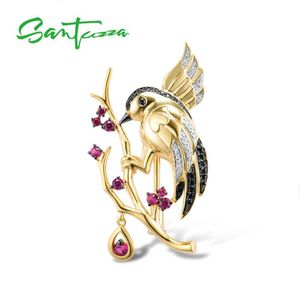 Pins Brooches SANTUZZA Silver Brooch For Women 925 Sterling Silver Yellow Gold Color Birds Animal Created Ruby Fine Jewelry Handmade Enamel 230616