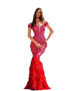 Red Sexy Mermaid Evening Dresses Off Shoulder Long Sleeve Sequins Feather Tulle Prom Dress Floor Length Special Occasion Dresses