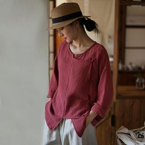 Women's T Shirts Vintage Chinese Style Cardigan Shirt Double Layer Cotton Women's Spring Top Long Sleeve Diagonal Placket T-shirt Loose