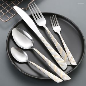 Geschirr-Sets, 5-teiliges Edelstahl-Geschirr, vergoldetes Messer, Gabel, Löffel, Abendessen-Set, schräger Schwanz, Steakmesser und Gabeln, Prägebesteck