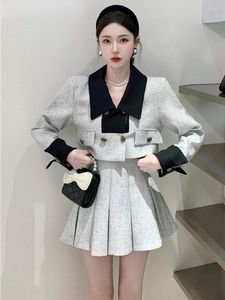 Work Dresses Spring Two Piece Skirt Set Women Double-breasted Jacket Mini Pleated Suits Fashion Crop Top Coat 2 Outfit Female