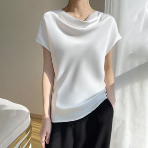 Women's T Shirts Summer Simple Style Loose Stacked Collar Solid Silkworm Silk Gloss Pure Smooth Women's Short Sleeve Top T-shirt