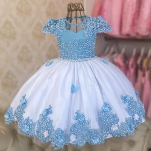 Light Sky Blue And White Flower Girls Dresses Lace Appliques Pearls Kids Party Butterfly Ball Gown Infant Prom Dress 326 326