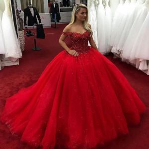 Ball Gown Puffy Quinceanera Dresses Off Shoulder Beads Crystals Lace Up Sweet 16 Dresses Prom vestidos de NEW