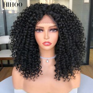 Lace Wigs Curto Bob Peruca Lace Front Perucas para mulheres Afro Kinky Curly Wigs Ombre Brown Synthetic Middle Nature Hair Black Headgear with Clips 230616
