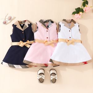 Baby Girls Plaid Dresses Cotton Newborn Sleeveless Vest Dress With Bowknot Turn-Down Collar Infant Princess Dresses Toddler Skirts Girl Skirt 0-24m