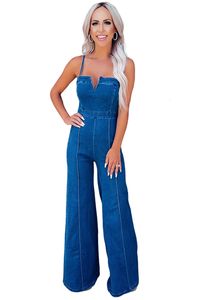 Macacões femininos macacão de verão bodysuit denim halter macacão magro-ajuste pescoço quadrado macacões para mulher 230616