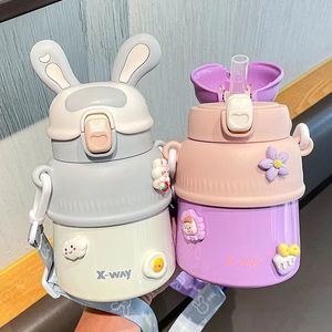 Cups Dishes Utensils Kawaii Rabbit Thermos Beautiful and Lovely Children's Straw Cup Children's Portable Slant Cross Stainless Steel Water Bottle 230615