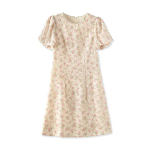 2023 Summer Pink Floral Print Dress Short Sleeve Round Neck Beaded Knee-Length Casual Dresses W3L042108