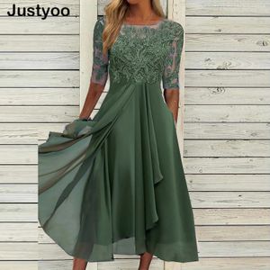 Abiti casual di base Elegante abito da sera verde Donna O Collo in pizzo mezza manica Abiti da ballo per le donne Abito a trapezio solido Boho Abito lungo sexy 230615