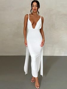 Casual klänningar 2023 Summer Fashion Deep V-Neck Backless Folds High Slit Formal Elegant Ladies Tunics Slim Long Party Vestidos