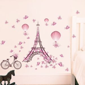 Romântico Torre Eiffel Adesivos de parede Decalques Sala de estar Decoração de quarto Bicicleta Flor Balão de ar quente Decoração de casamento