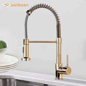 Bathroom Sink Faucets Senlesen Golden Kitchen Spring Faucet Brass Deck Mount 360 Degree Rotate Stream Sprayer Nozzle Cold Mixer Vanity Tap 230616