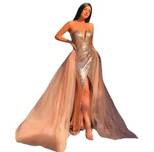 Elegant Evening Dresses Sweetheart Lace Sequins High Side Split Prom Gowns Custom Made Detachable Train Special Occasion Dress