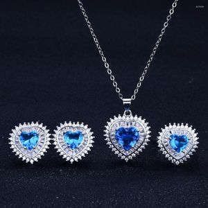 Halskette-Ohrringe-Set, drei Farben, Herz des Ozeans, für Damen, herzförmige Kristallstein-Halskette/Ohrringe/Ring, Party-Zubehör