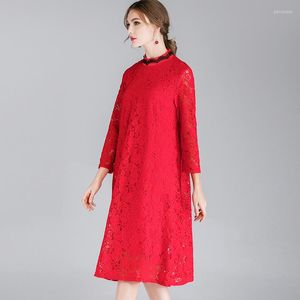 Casual Dresses Spring Autumn Women's Loose Fashion Show Thin Lace High Waist Stand Neck Long Sleeve Elegant Dress High-end