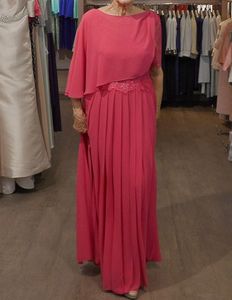 Chic Coral Pink Mother of the Bride Suits Floor Length Bateau Neck Half Sleeves Chiffon Mother outfits Dresses