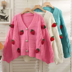 Women's Knits Autumn Winter Pull Femme Y2k Sweet 3D Strawberry Sweaters V Neck Oversized Cardigan Knitted Cardigans Jackets Korean Coat