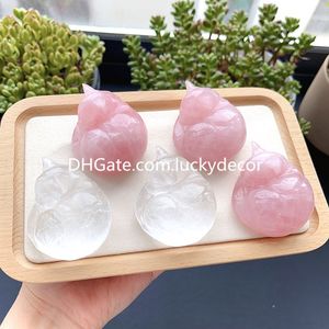 Ganska naturlig klar kvarts sömnkattskulpturdekor Reiki Healing Pink Crystal Rose Quartz Gemstone Animal Pet Memorial Staty Figur Meditation Collection