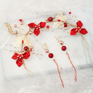 Hair Clips Bride Wedding Jewelry Accessories Red Flower Headbands Pearl Hairbands Luxury Butterfly Tiaras And Crowns Tassel Earring