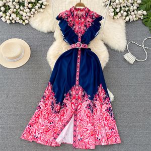 Casual Dresses Summer New Lapel Sleeveless Printing Dress Women Pink Blue Vestidos med Belt Slim Single Breasted Flying Sleeve Ladies Dresses 2023