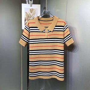 Women's T-shirt 2023 Summer New Striped Knitted Women's Contrast Polo Neck Short Sleeve Loose Fashion Women's Polos