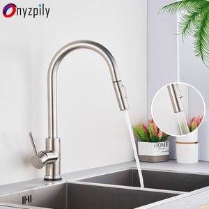 Bathroom Sink Faucets Onyzpily Brushed Nickel Mixer Faucet Single Hole Pull Out Spout Kitchen Tap Stream Sprayer Head ChromeBlack 230616