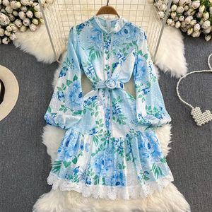 Spring Women Hollow Out Floral Print Short Dress Stand Collar Button Decoration Long Sleeve Ladies Dresses Green Blue Vestidos 2023