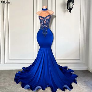 Arabiska aso ebi Royal Blue Long Mermaid aftonklänningar Halter Beading ärmlösa kvinnor Specialtillfällen Promklänningar Slim Fit Sexy Open Back Vestidos de Festa CL2464
