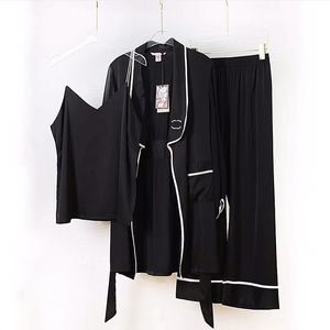 H Satin Pyjamas Set Women Lounge Wear Silk Underwear Womens Robe Three Piece Nightgown Bekväm sömnkläder