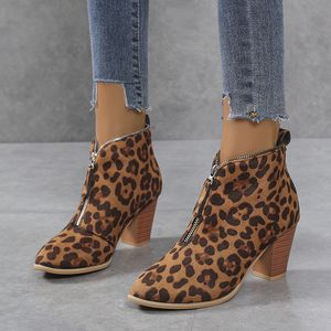 Damen Runde Zehen High Heels Ankle Booties Leopard Print Damen Stiefel Front Zipper Damen Stiefel Vintage Damen Schuhe Stiefel Frauen